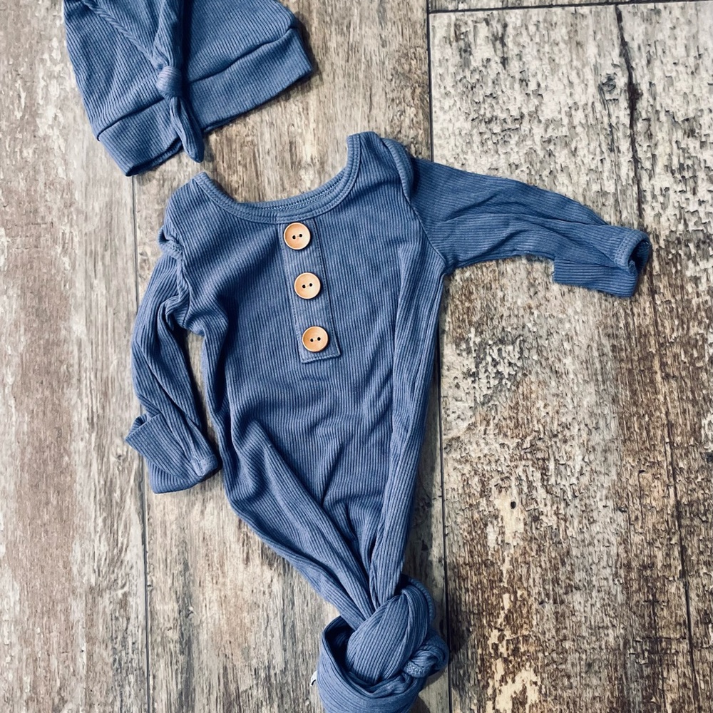 Caden Lane Ribbed Knotted Dusty Blue Baby Onesie with Wooden Accent Buttons